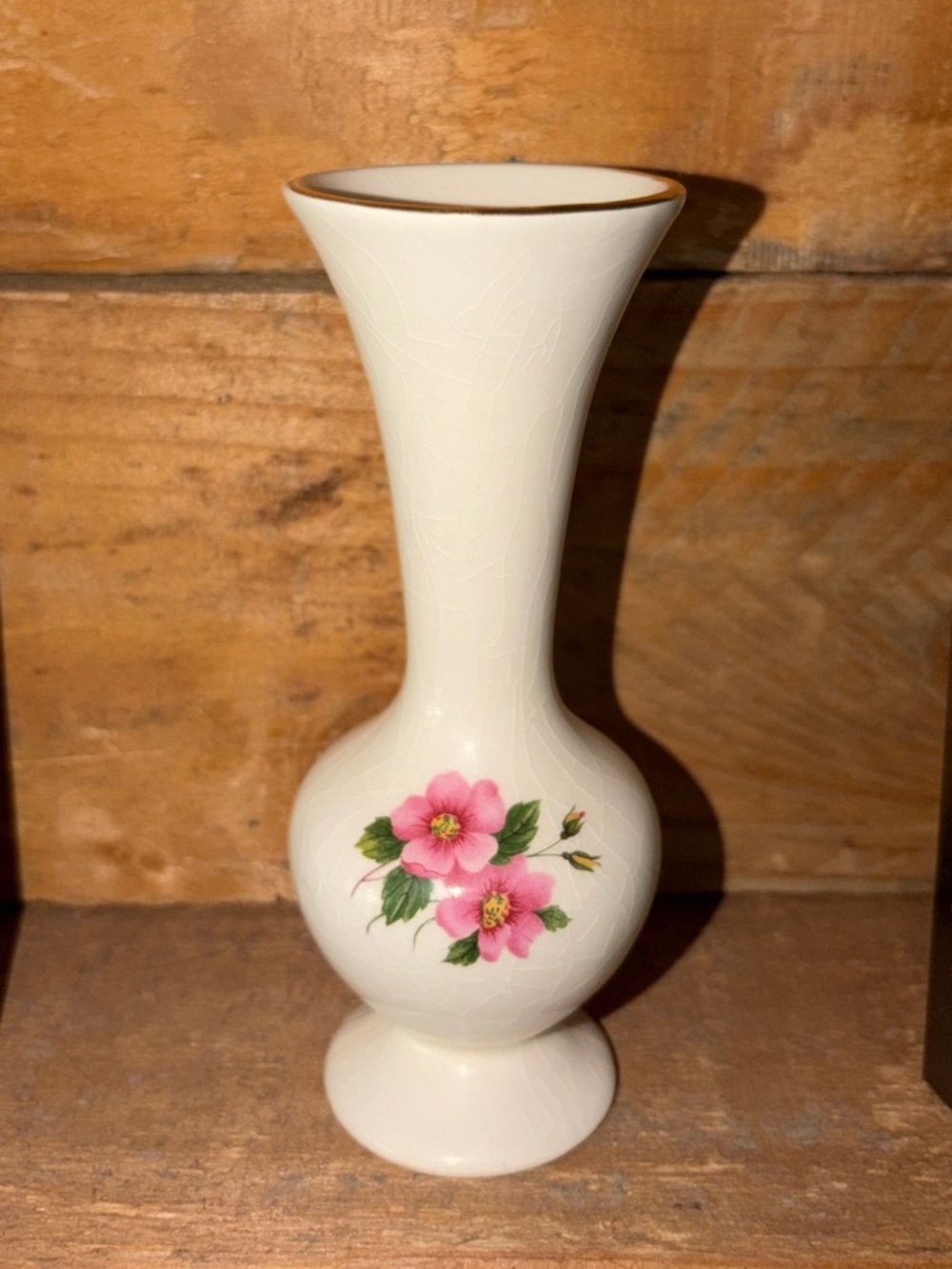 Ivory Ceramic Bud Vase with Pink Floral Design and Gold Rim